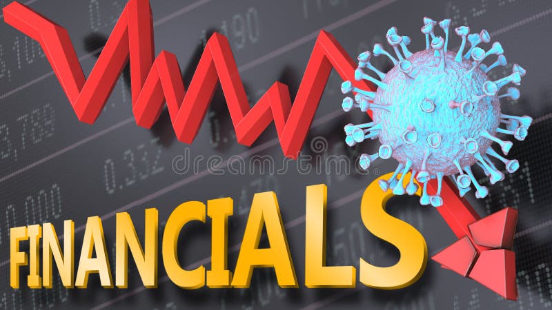 Vírus covid e finanças simbolizados por um gráfico de ações de preços caindo pelo vírus e pelo word financial als para imaginar es