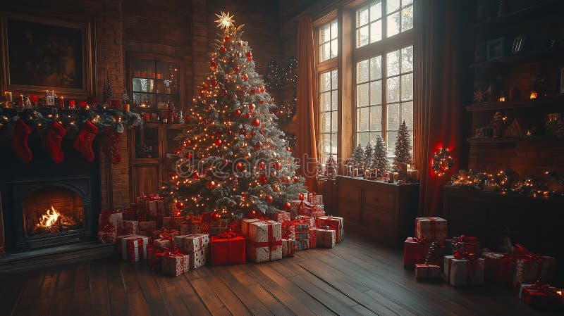 Víspera de navidad encantada : regalos festivos de árboles brillantes y chimenea caliente. Una hermosa sala de estar navideña con un gran árbol de navidad brillante adornado con adornos y rodeado de regalos cuidadosamente envueltos. el ambiente es acogedor, con una chimenea iluminada y una decoración festiva que crea un ambiente vacacional acogedor. ideal para proyectos de ocio navidad navidad saludos o decoración de casa de temporada inspiración