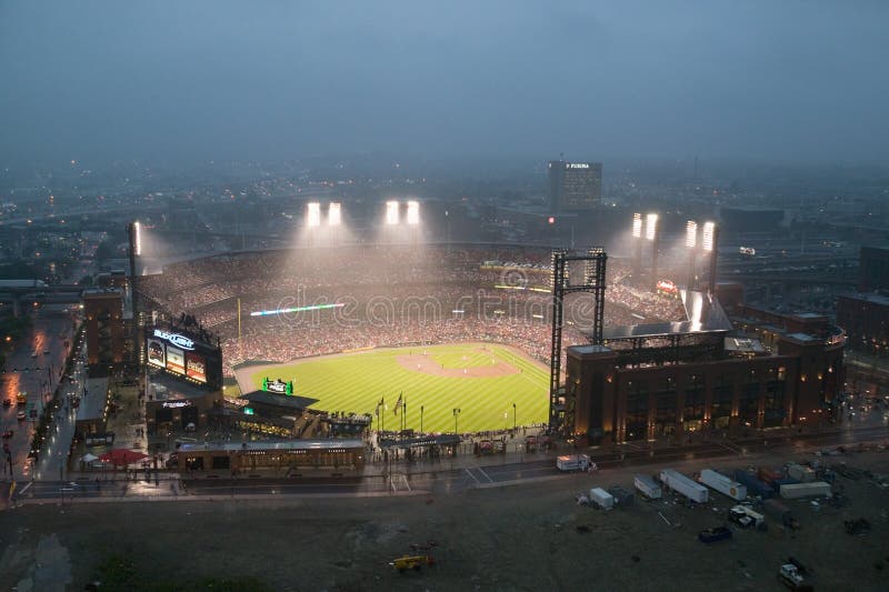 In a night game and a light rain mist, the Florida Marlins beat the 2006 World Series Champion baseball team, the St. Louis Cardinals 9 to 1, at the 3rd Busch Stadium, St. Louis, Missouri on August 29, 2006. In a night game and a light rain mist, the Florida Marlins beat the 2006 World Series Champion baseball team, the St. Louis Cardinals 9 to 1, at the 3rd Busch Stadium, St. Louis, Missouri on August 29, 2006