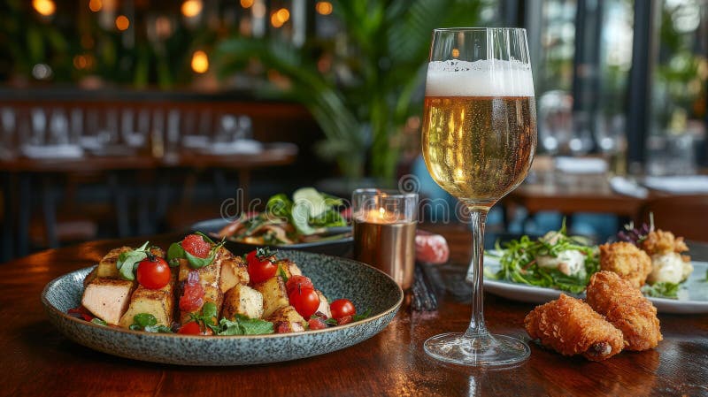 W restauracji, w której znajduje się drewniany stół, znajduje się bliska kostek lodu piwnego oraz zestaw apetytów obrazy stock