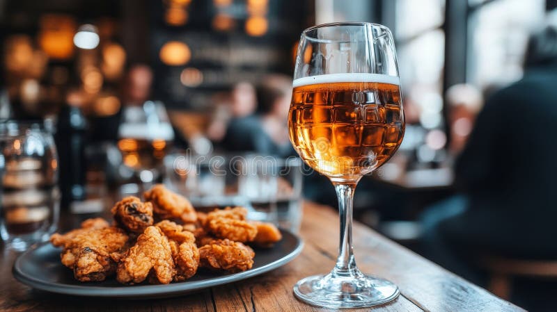 W restauracji stolik jest ustawiony z piwem apetytów, a w tle widoczne są różne napoje. W restauracji stolik jest ustawiony z piwem apetyzatory, a wiele napojów jest widocznych w generowanej przez sztuczną inteligencję