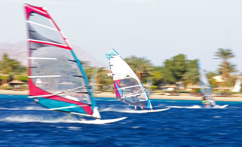 W ruchu trzy windsurfers zdjęcia stock W ruchu trzy windsurfers zdjęcia stock