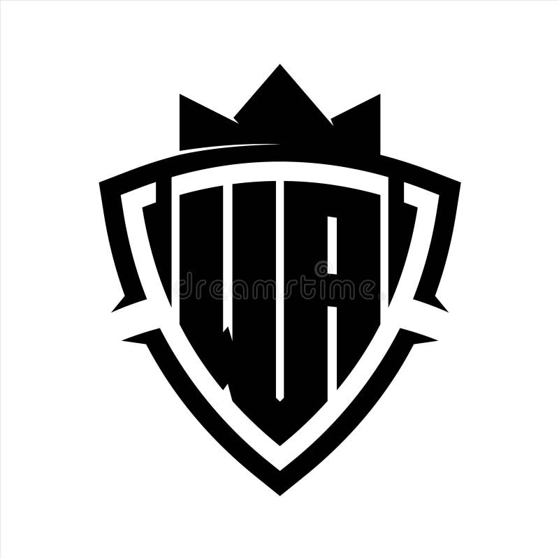 WA Letter bold monogram triangle curve shield shape with crown black and white background color design royalty free illustration