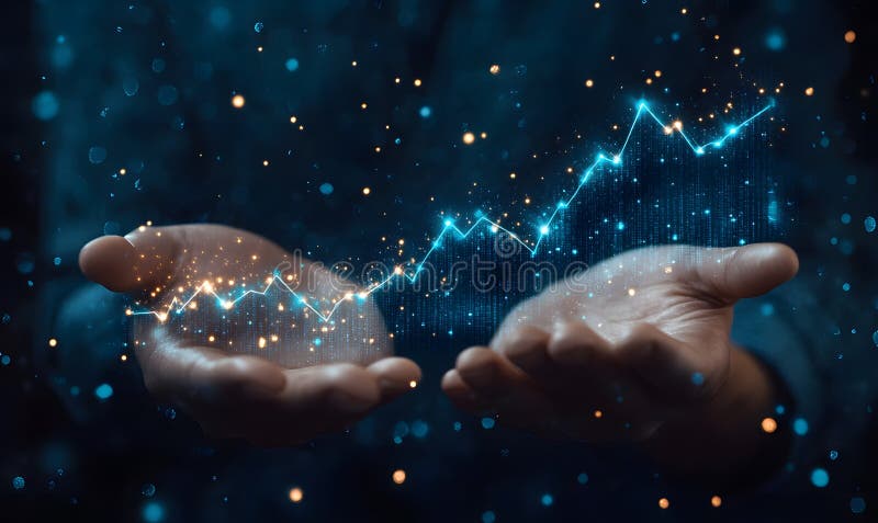 Wachstumskonzept für Unternehmen mit digitalen Graphen mit steigender Pfeil-Hand-Interaktion mit virtueller Analytik stock abbildung