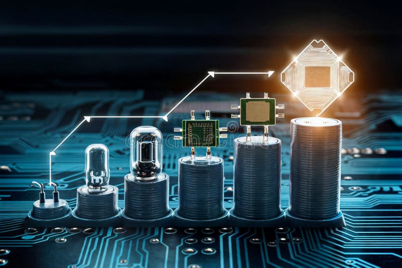 Wachstumslinie elektronischer Computertechnologien : Mikrochips und optische Prozessoren für Vakuumröhren. Ai generated Growth Line of electronic computing technologies : Mikrochips und optische Prozessoren für Vakuumröhren