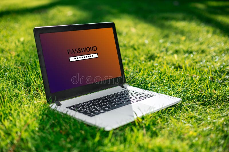 Wachtwoord aan login op het computerscherm dat wordt beschermd De Bescherming van de privacyveiligheid Laptop op groen gras stock fotografie Wachtwoord aan login op het computerscherm dat wordt beschermd De Bescherming van de privacyveiligheid Laptop op groen gras stock fotografie