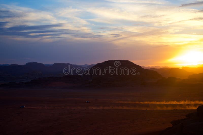 Wadi Rum Jordan Desert Evening Car Race royalty free stock photo Wadi Rum Jordan Desert Evening Car Race royalty free stock photo