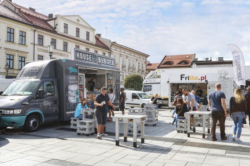 WADOWICE POLAND SEPTEMBER 14 2019: Food Trucks Festival in Front of WADOWICE POLAND SEPTEMBER 14 2019: Food Trucks Festival in Front of