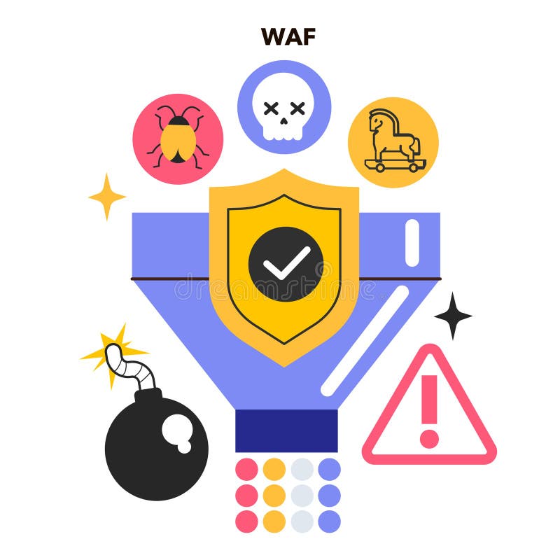 WAF Web Application Firewall. Incoming and outgoing network HTTP vector illustration