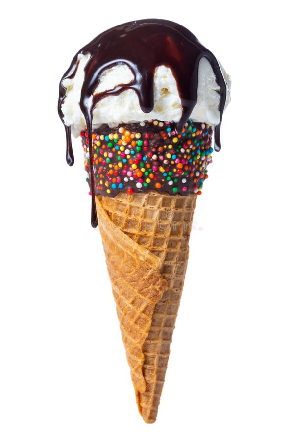 Wafer cone decorated colorful sprinkles and chocolate icing with white scoop of ice cream and current glaze isolated on white background