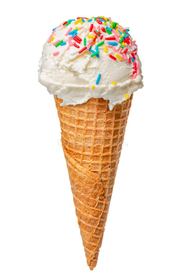 Wafer cone with white scoop of ice cream and colorful sprinkles
