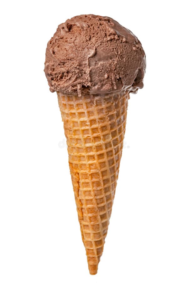 Wafer cup with melting chocolate scoop of ice cream isolated on