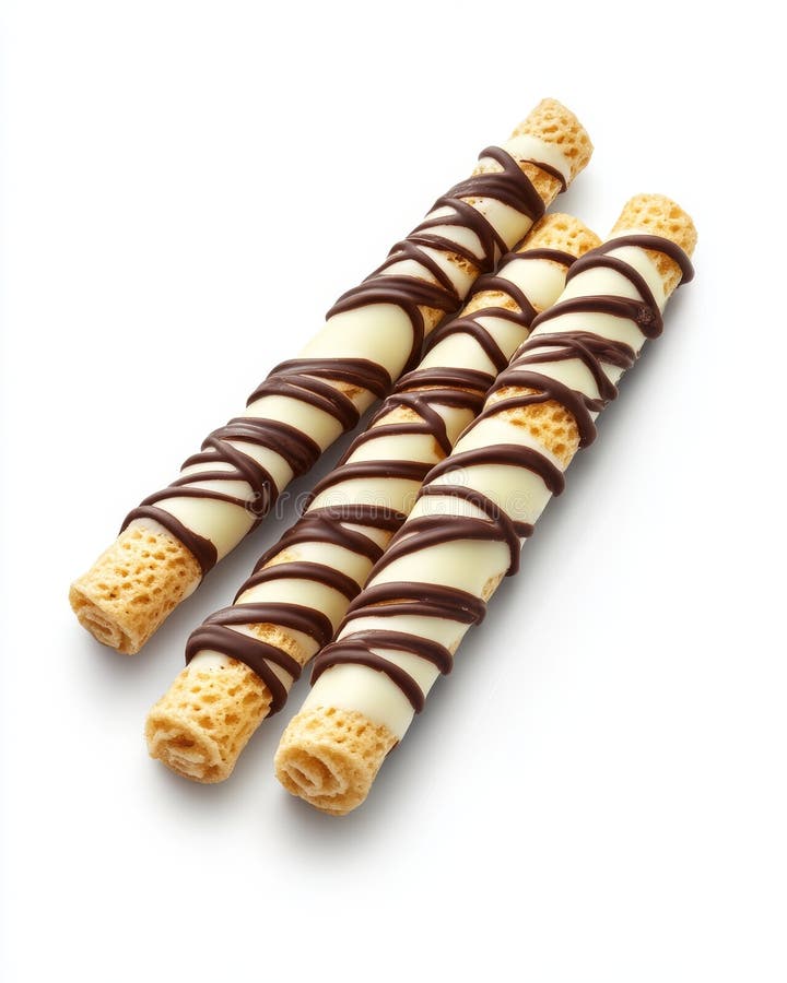 Wafer roll sticks filled with crispy cream and featuring cocoa or chocolate are shown on a white background stock photos