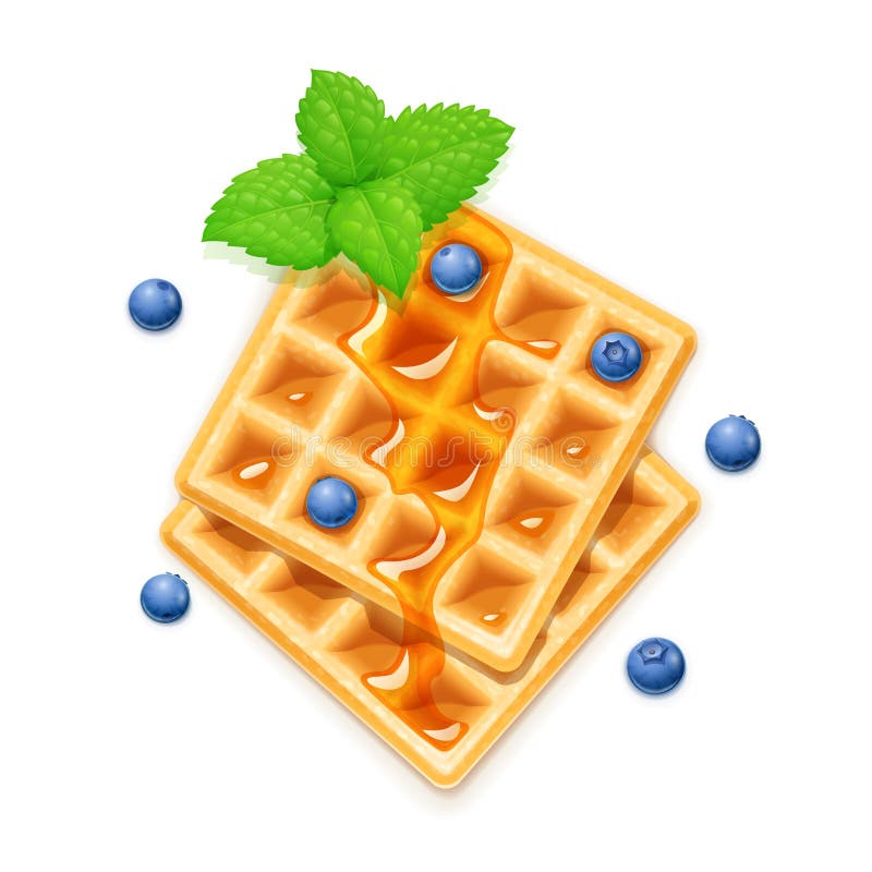 Belgian Waffle, blueberries, honey and peppermint. Dessert sweetness. Lunch cooking. Blueberry decoration. Isolated white background. EPS10 vector illustration. Belgian Waffle, blueberries, honey and peppermint. Dessert sweetness. Lunch cooking. Blueberry decoration. Isolated white background. EPS10 vector illustration.