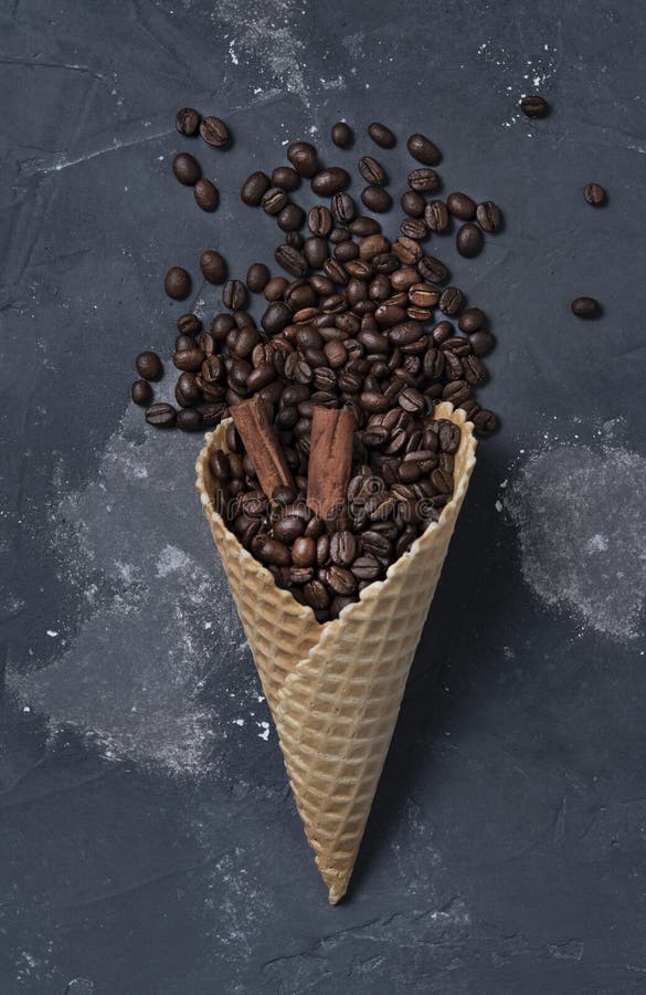 Waffle Cone with Coffee Beans and Cinnamon Scattered Top View Concept Stock Photo Image of
