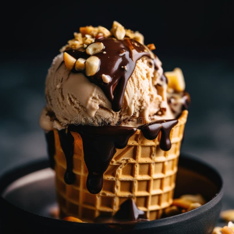 A Waffle Cone with Scoops of Peanut Butter Ice Cream and Nuts. Generative AI Image. Stock Photo