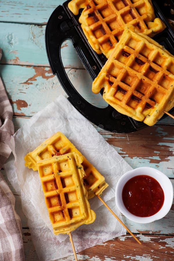 Waffle Corn Dogs.style Rustic Stock Image Image of american, meat