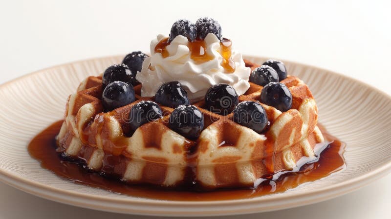 Waffle dorado con arándanos y crema batida stock de ilustración