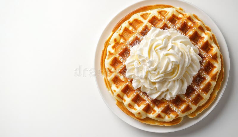 Waffle dorado con crema batida y azúcar en polvo en placa blanca ilustración del vector