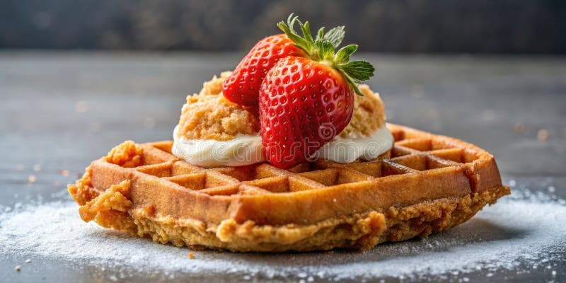 Waffle dorado con crema y fresas frescas. IA generativa stock de ilustración