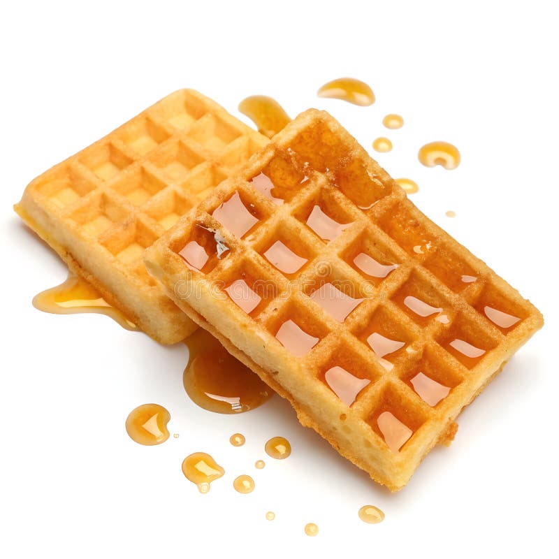 Waffle dorado con espoleta de jarabe de arce aislada en fondo blanco. Un gofre crujiente dorado cubierto de un rico jarabe de arce que ofrece un desayuno dulce y indulgente