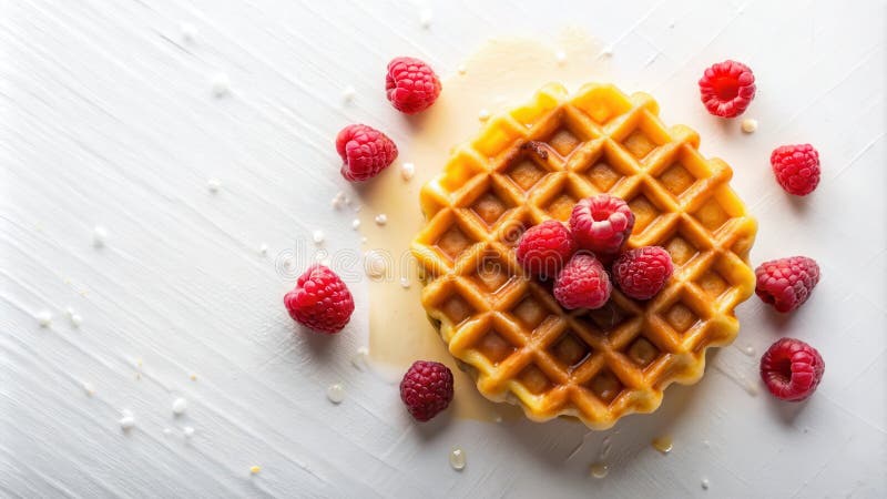 Waffle dorado con frambuesas frescas y jarabe de jarabe. IA generativa stock de ilustración
