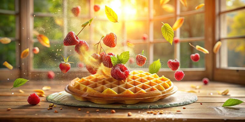 Waffle dorado con frambuesas y hojas de otoño al sol. IA generativa libre illustration