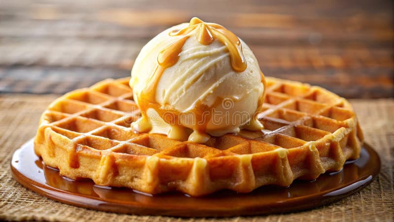 Waffle dorado con helado cremoso y llovizna de caramelo. IA generativa stock de ilustración