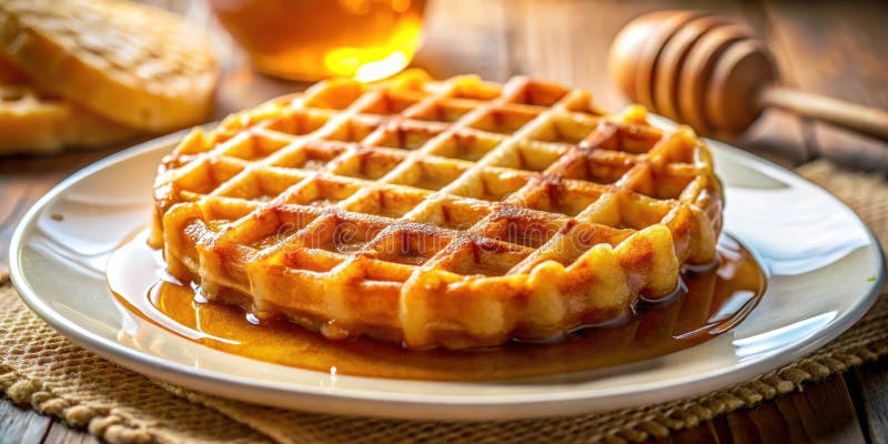 Waffle dorado con miel dulce en un plato. IA generativa ilustración del vector