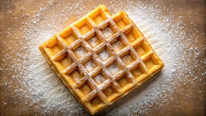 Waffle dorado con polvo de azúcar en la superficie marrón. IA generativa ilustración del vector