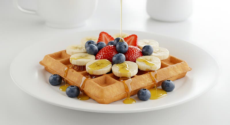 Waffle dorado con rodajas frescas de fresa monedas de plátano y arándanos libre illustration