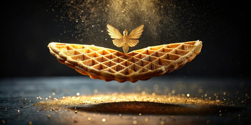 Waffle dorado con una mariposa dorada en el aire. IA generativa stock de ilustración
