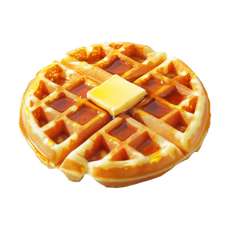 Waffle dorado coronado con mantequilla fundida y jarabe dulce aislado en el concepto de fondo blanco transparente del desayuno stock de ilustración
