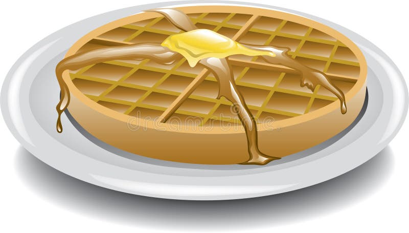 Illustration of a plate of waffles with butter and syrup.