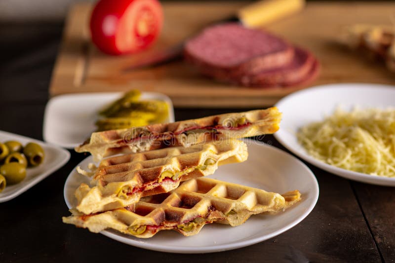 Waffle Sandwich with Salami, Cheese, Tomato. Waffle Pizza, Piffle Stock