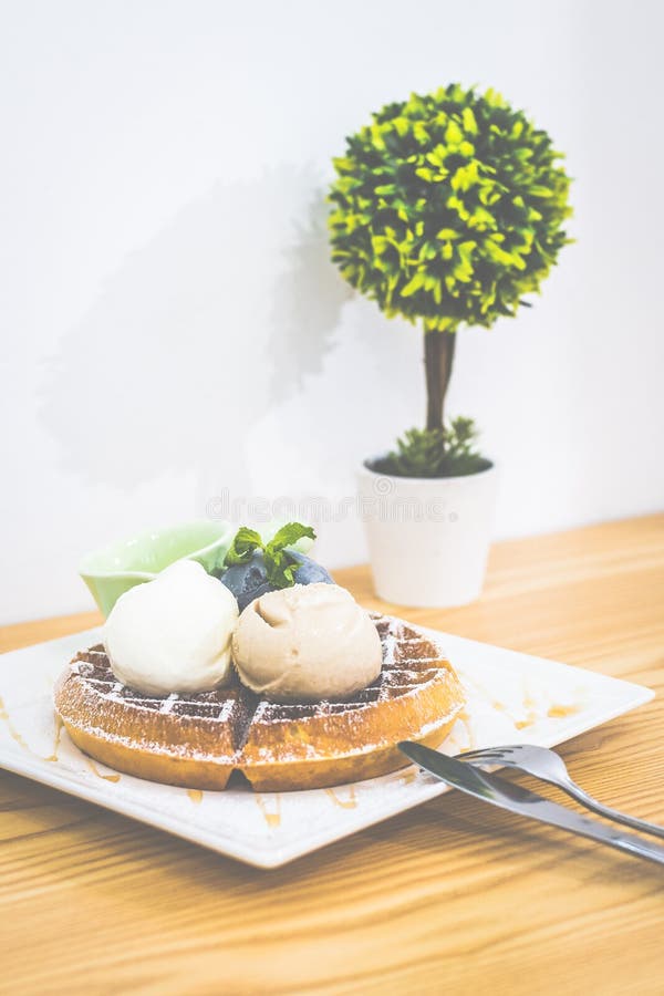 Waffle with Triple Scoop Ice-cream on top and served with maple syrup on white china plate stock photos