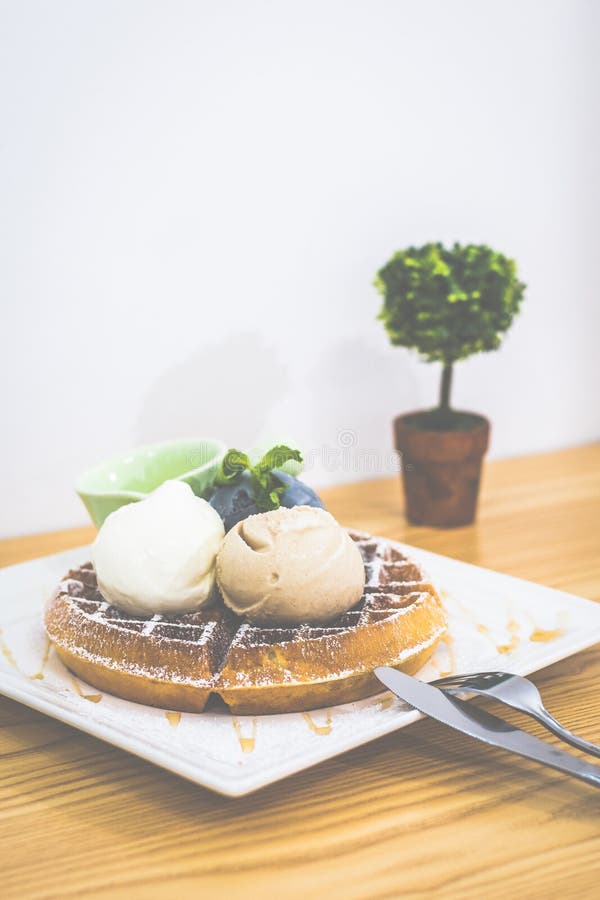 Waffle with Triple Scoop Ice-cream on top and served with maple syrup on white china plate royalty free stock image