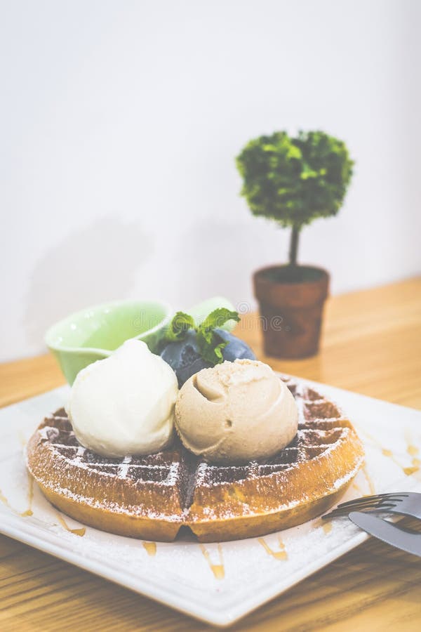 Waffle with Triple Scoop Ice-cream on top and served with maple syrup on white china plate stock photography