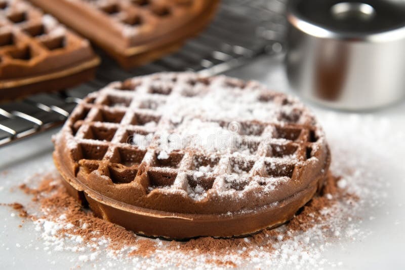Waffles with a Dusting of Cocoa Powder on a White Bezel Stock