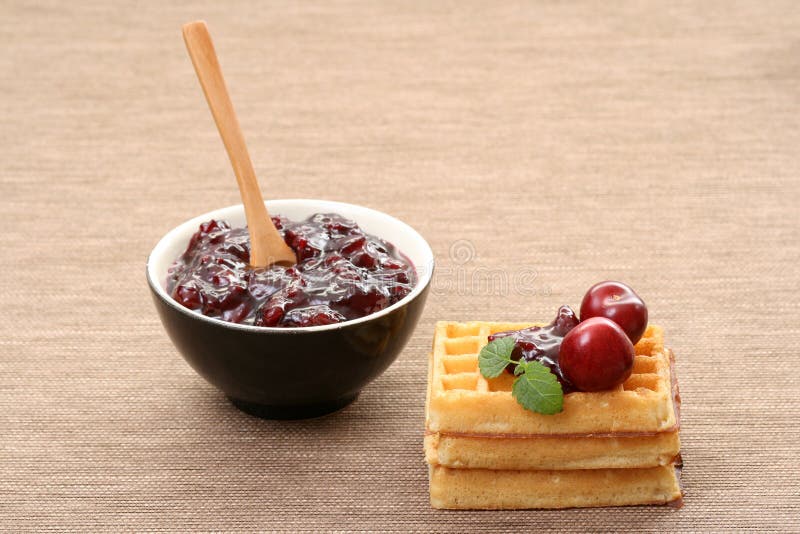 Waffles and fresh cherry jam