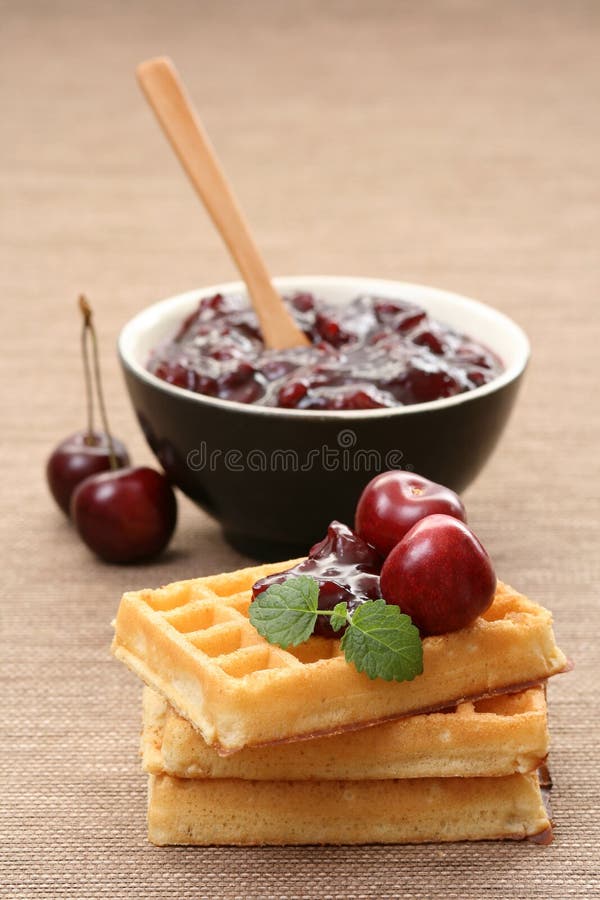 Waffles and fresh cherry jam