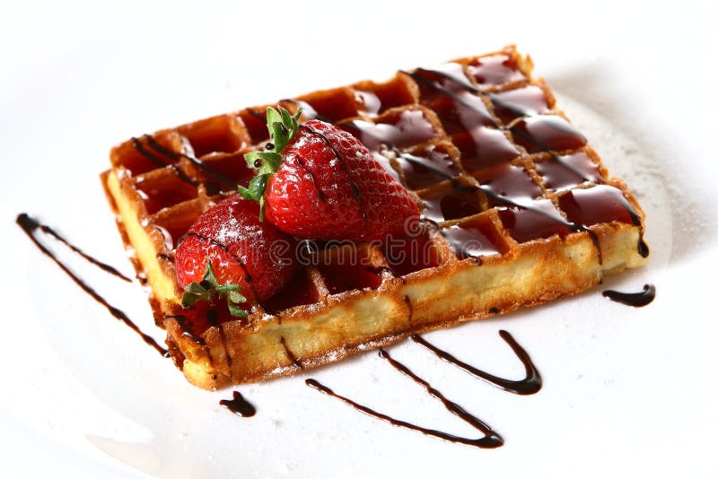 Waffles with fresh strawberry and jam