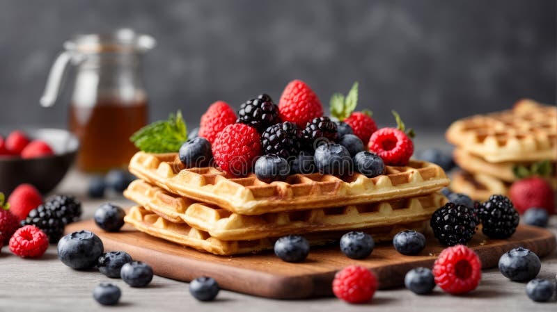 Homemade belgian waffles with fresh ripe berries blueberry on wooden serving board over gray background. Homemade belgian waffles with fresh ripe berries blueberry on wooden serving board over gray background.