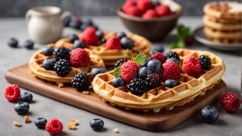 Homemade belgian waffles with fresh ripe berries blueberry on wooden serving board over gray background. Homemade belgian waffles with fresh ripe berries blueberry on wooden serving board over gray background.