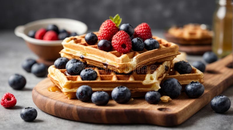 Homemade belgian waffles with fresh ripe berries blueberry on wooden serving board over gray background. Homemade belgian waffles with fresh ripe berries blueberry on wooden serving board over gray background.