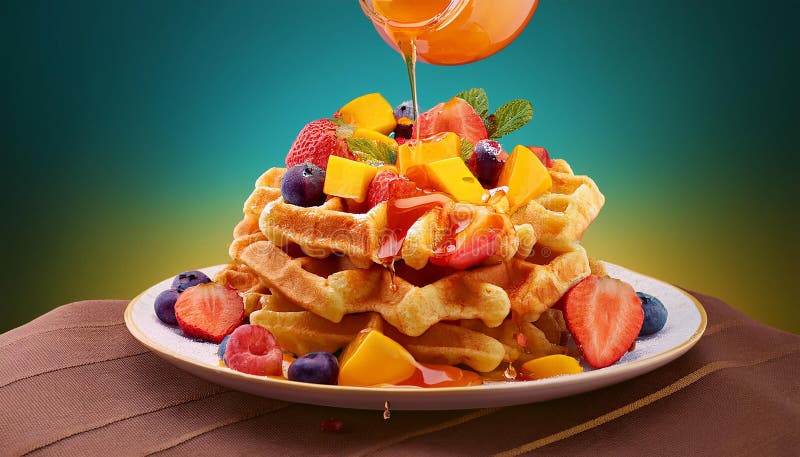 Waffles with mixed fruit and maple syrup. royalty free illustration