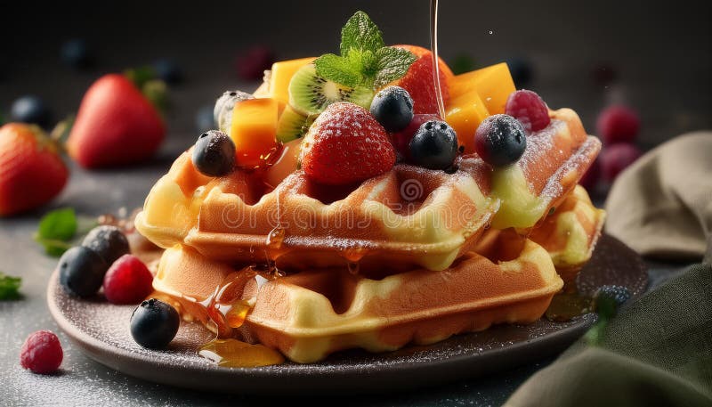 Waffles with mixed fruit and maple syrup. royalty free illustration