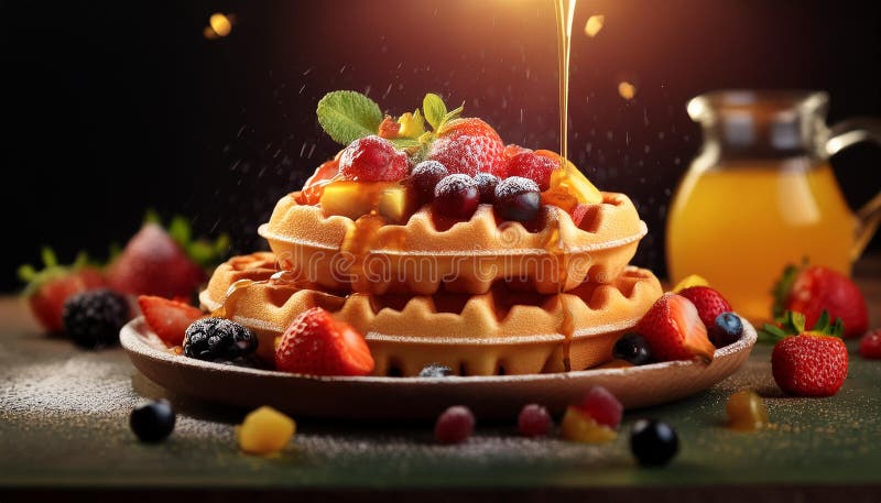 Waffles with mixed fruit and maple syrup. stock illustration