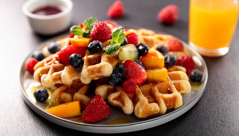 Waffles with mixed fruit and maple syrup. royalty free illustration