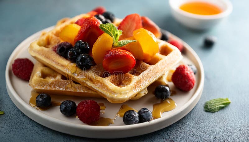 Waffles with mixed fruit and maple syrup. stock illustration